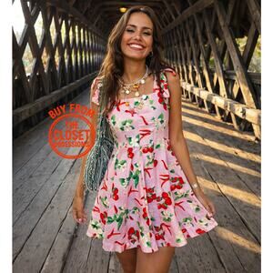 ZARA Pink Cherry Print A-Line Mini Dress NWT | Wide Strap Sundress